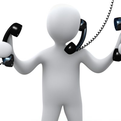 Royalty-free 3d computer generated communications clipart picture of a busy white person holding and talking on three corded telephones.