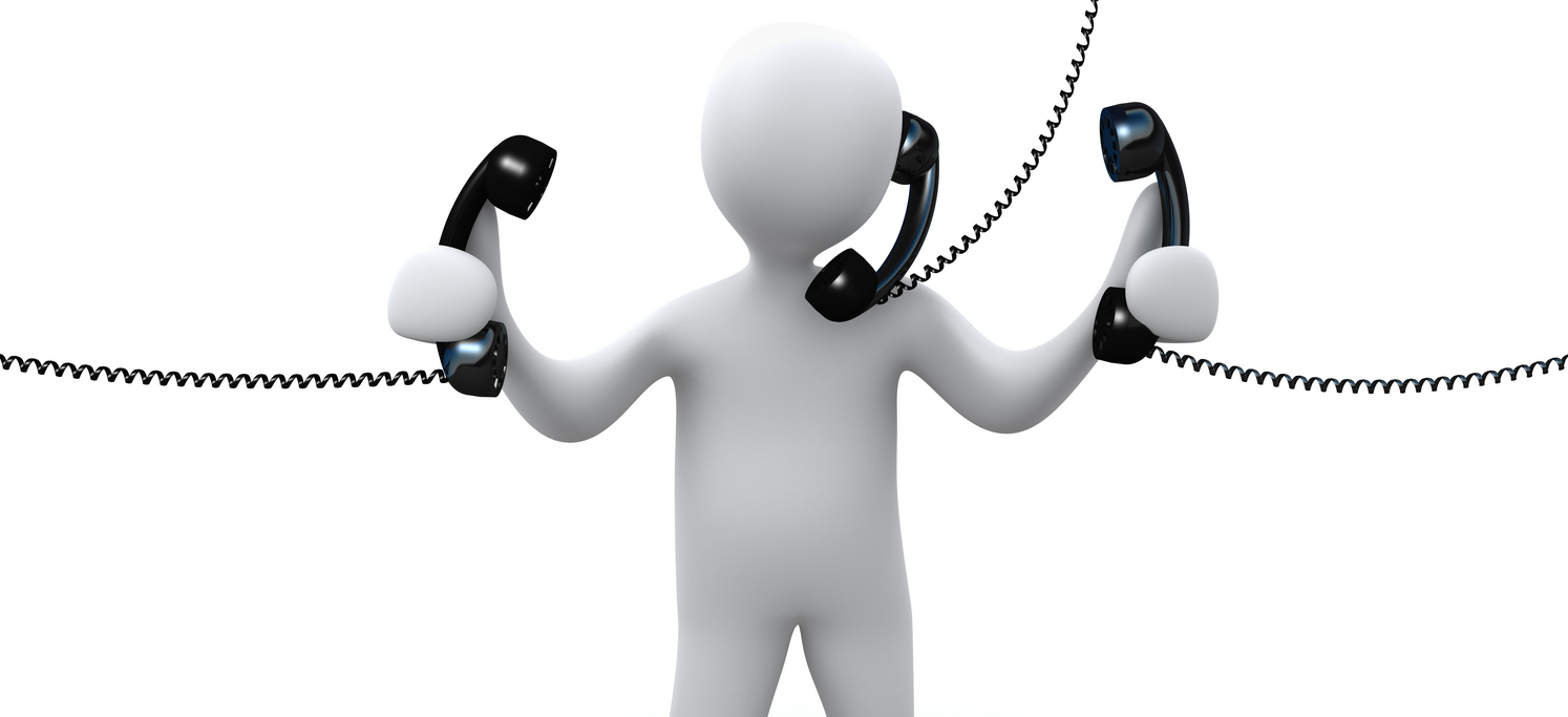 Royalty-free 3d computer generated communications clipart picture of a busy white person holding and talking on three corded telephones.
